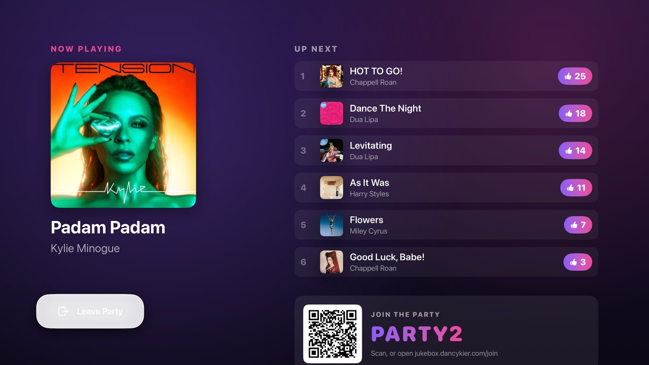 Apple TV party display showing now playing, synced lyrics and the voting queue