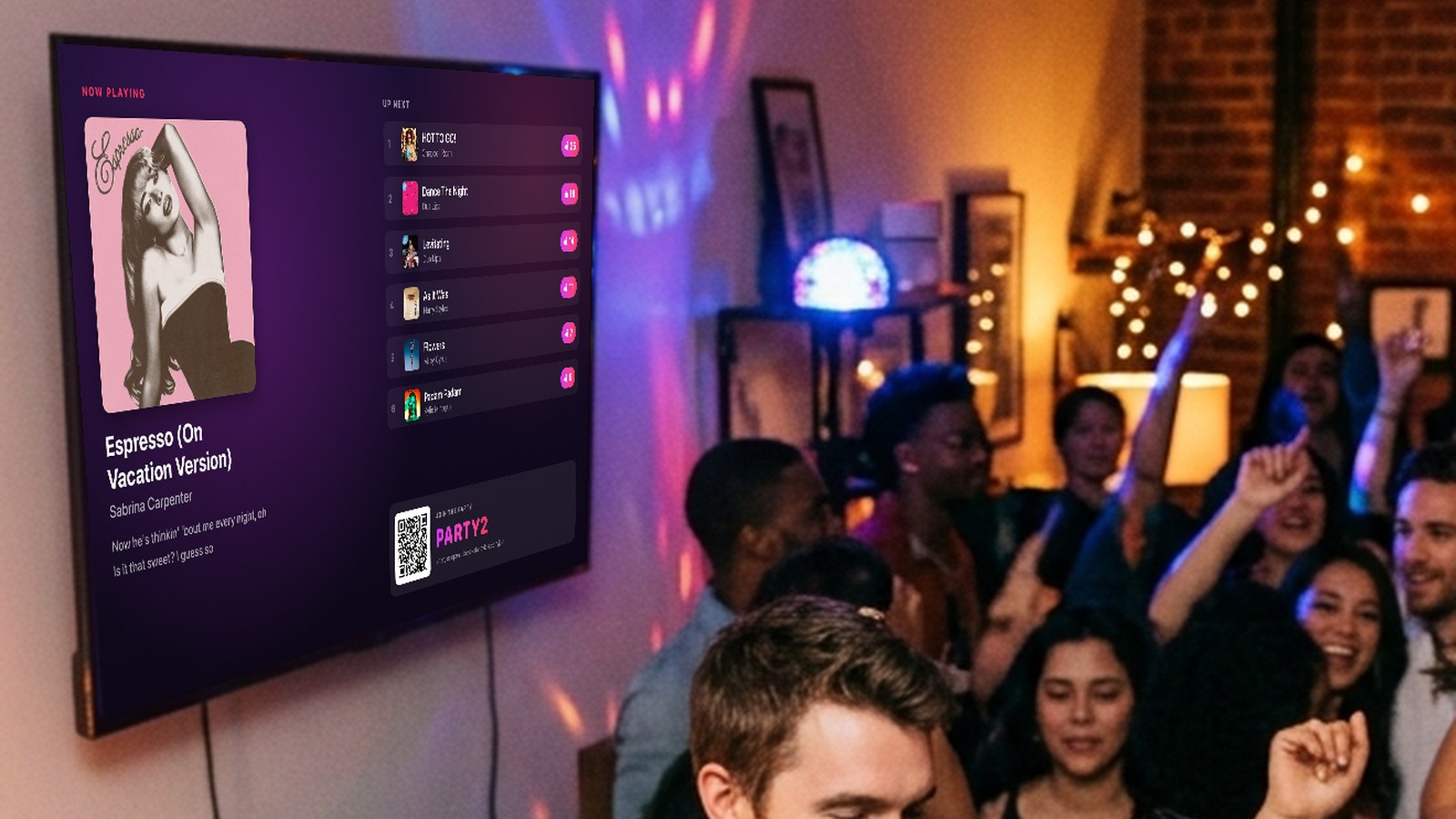 Jukebox on an Apple TV at a house party, showing the now playing song, the voting queue and a join QR code